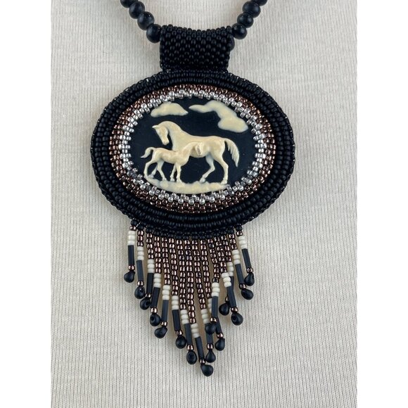 Handcrafted Beaded Necklace Horse Cameo Seed Bead Fringe Tassels - Picture 2 of 9
